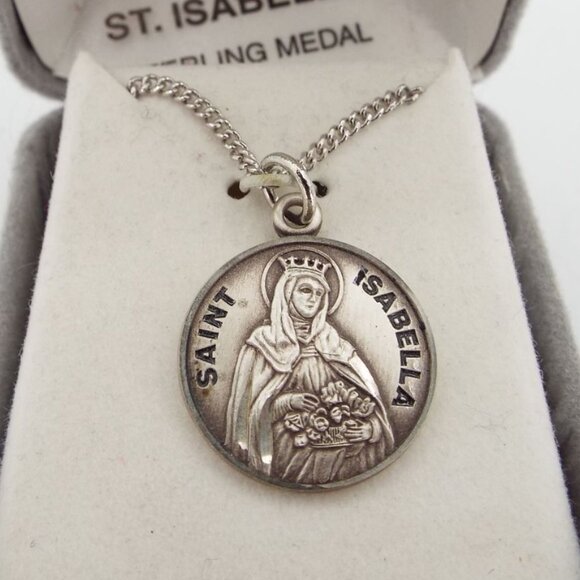 Vintage HMH St. Isabella Sterling Medal Pendant Necklace 18" with Original Box - Picture 4 of 8